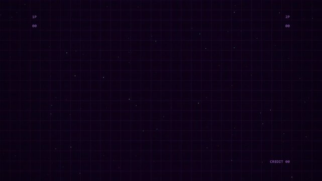 Retro Arcade 8bit Game Start Screen with Press Start and Insert Coin Text on Neon Grid