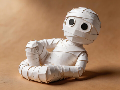 Paper mummy sculpture on brown surface