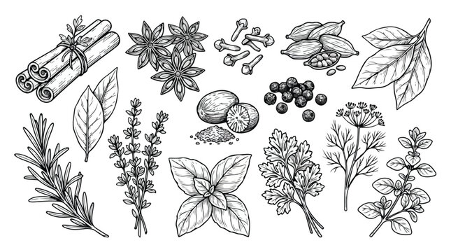 Vintage hand drawn herbs and spices collection, black and white botanical sketches of cinnamon and basil, organic culinary seasoning vector set