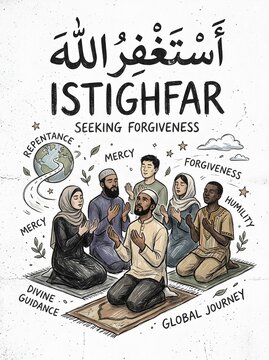 Illustrated Diverse Muslims Praying Together with Repentance and Mercy Word Labels, Istighfar Concept Poster