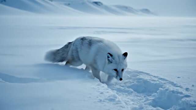 A wild arctic fox moves cautiously across the vast frozen tundra under the pale light of a heavy winter afternoon as the creature searches for food within the deep snowdrifts of the north sector