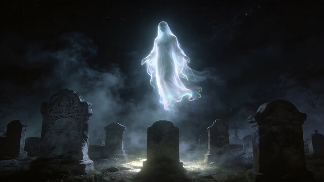 Ghostly figure in a foggy graveyard