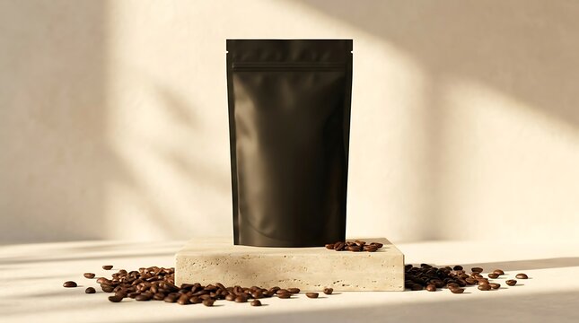 Black coffee bag mockup on concrete pedestal surrounded by roasted coffee beans under warm sunlight