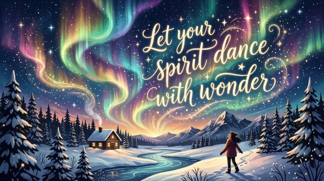 Magical winter landscape under colorful aurora borealis with a lone person looking up in wonder, inspiring quote "Let your spirit dance with wonder"