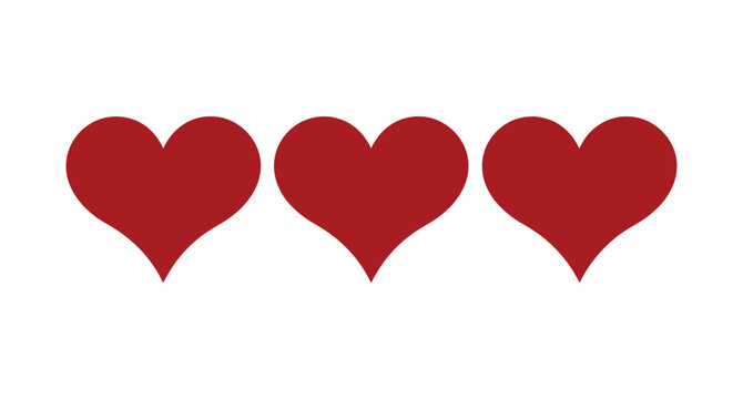 Red heart vector icon set with filled and outline styles, love and favorite symbols