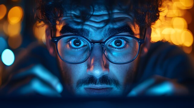 Close-up of a young man with glasses intensely focused on a screen under blue light, eyes wide with tension or surprise, blurred warm bokeh background suggesting nighttime digital activity.