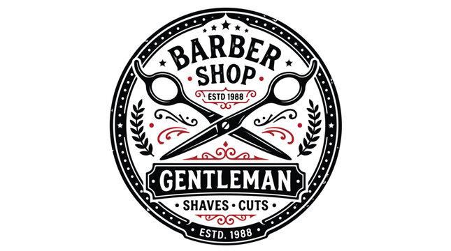 Vintage barber shop logo with scissors and text Gentleman Shaves Cuts Estd 1968.