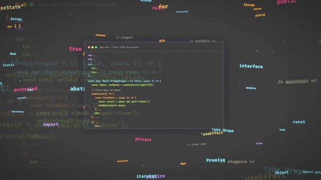 Abstract Digital Animation of Floating Programming Code and Software Development Interface on Dark Background
