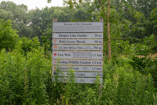 Directional sign at the University of Guelph Arboretum. Guelph, Canada - July 17, 2026.