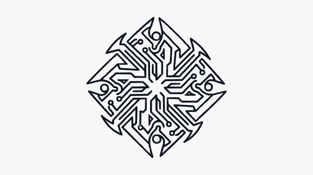 Elegant Black and White Circuit Board Abstract Geometric Design with Digital Binary Numbers and Hexagonal Pattern