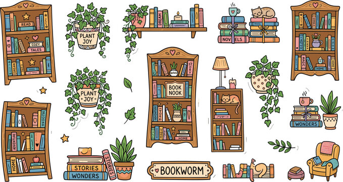 Cute Hand Drawn Bookshelf and Home Library Sticker Collection Vector Illustration Featuring Cozy Furniture Potted Plants Sleeping Cats and Colorful Book Stacks