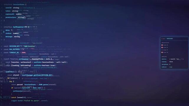 Close up of computer code scrolling on a dark screen for software development concept