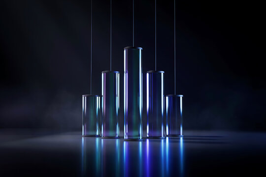 Minimalist modern glass cylinder pillars with soft glowing blue rim lighting standing on reflective dark surface cylinder minimalist reflection abstract