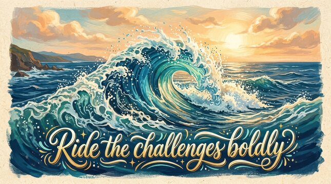 Powerful ocean wave crashing at sunset with motivational text 'Ride the challenges boldly'