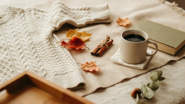 Cozy autumn morning scene featuring soft knitted sweater warm mug of hot beverage rustic cinnamon sticks and crisp fallen leaves on comfortable fabric surface.