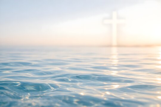 peaceful baptism water with glowing cross and heavenly light background