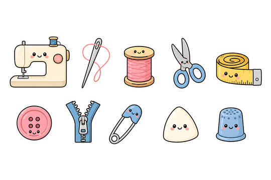 Cute Sewing Tools Icon Set with Sewing Machine Needle Thread Fabric Scissors Measuring Tape Button Zipper Safety Pin Tailor Chalk and Thimble on White Background.