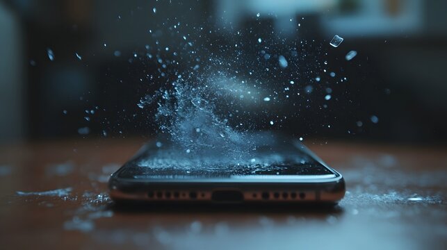 Close-up of shattered smartphone screen mid-explosion capturing dynamic impact moment with glass fragments scattering against dark background emphasizing digital device damage.