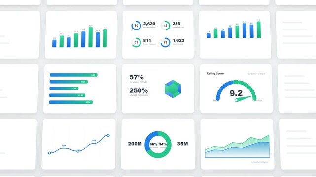 Animated business analytics dashboard with charts graphs and KPI data on white background