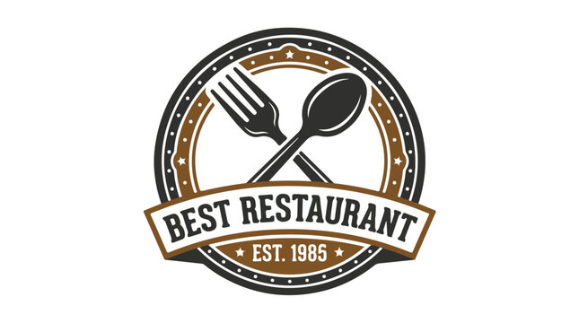 Vintage restaurant logo with fork and spoon, establishing date 1985.