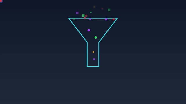 Sales funnel concept with falling colorful shapes and data particles animation 4k marketing conversion