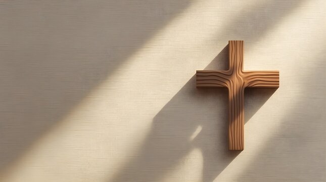 wooden christian cross on wall with sunlight and copy space