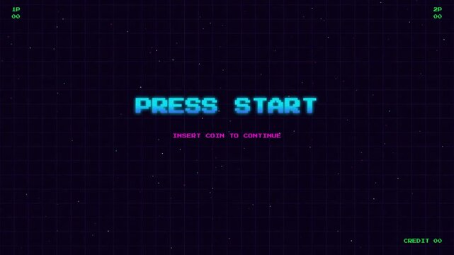 Retro 8bit Arcade Game Screen with Neon Press Start Text and Glowing Pixel Graphics