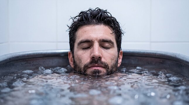 Man submerged in ice bath with eyes closed for cold therapy