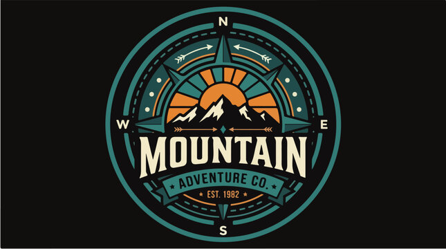 Vintage Mountain Adventure Co. Emblem with Compass Rose and Sun Rising Over Peaks.