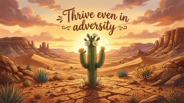 Resilient cactus thrives in harsh desert landscape at sunset with motivational quote 'Thrive even in adversity'