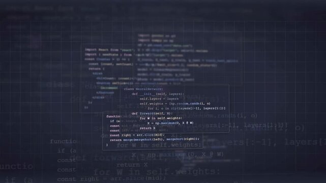 Abstract digital background with scrolling computer code and data processing on a dark blue screen