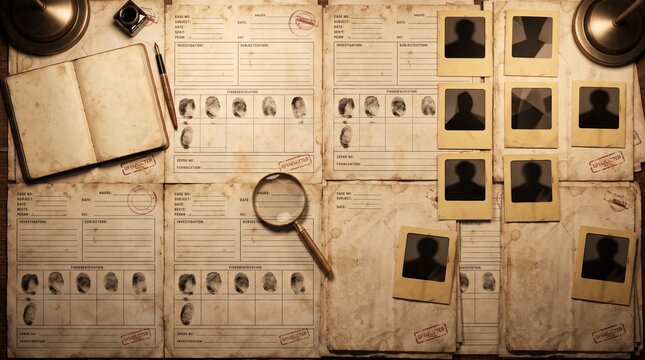 Forensic Investigation Case Files with Fingerprints and Suspect Photos