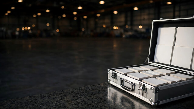 Open silver protective transport case with white equipment panels inside a dark industrial warehouse setting