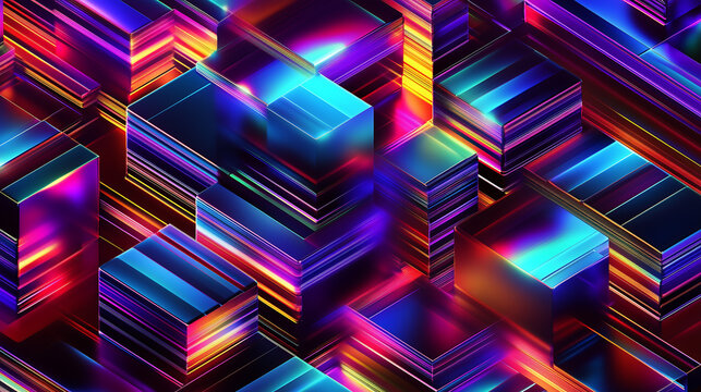 Abstract background featuring glowing neon cubes with iridescent light reflections and geometric patterns.