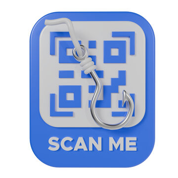 QR Code Phishing Scam Concept with Fish Hook on Scan Me Signboard, 3D Render