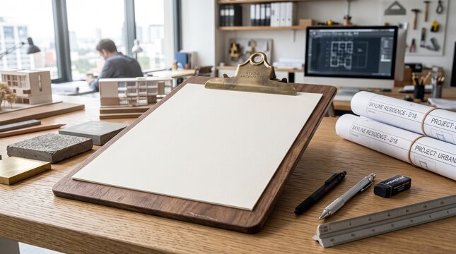 Architectural drawing board with technical blueprints on a busy design studio