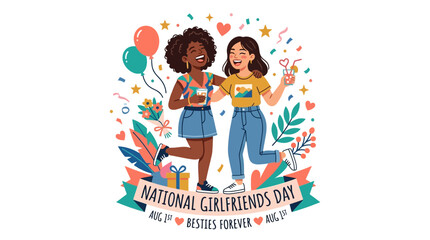 Fototapeta premium Celebrating friendship and joy on national girlfriends day with happy women sharing drinks and embracing each other amid festive decorations