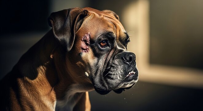 Close-up portrait of a sad brown dog indoors.