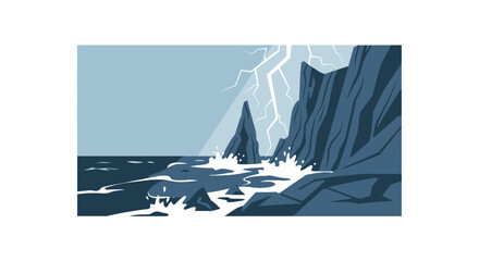 Stormy ocean with lightning striking over dark rocky cliffs © Hotmanparis