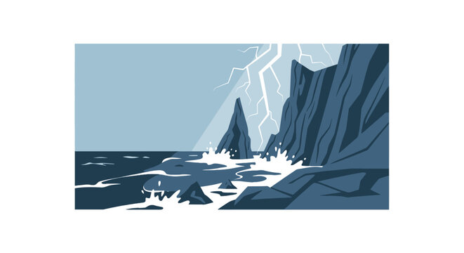 Stormy ocean with lightning striking over dark rocky cliffs