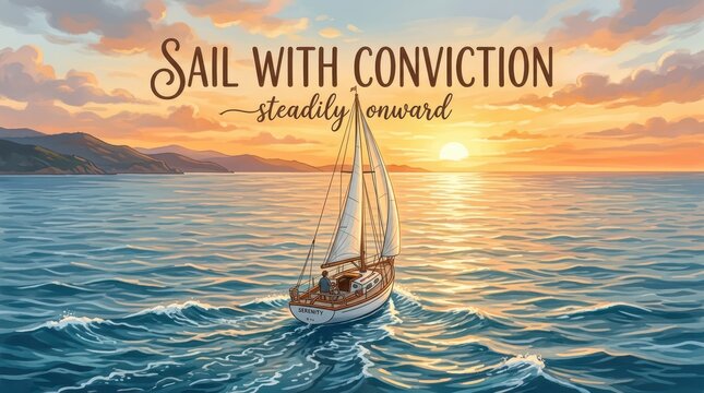 Sailboat on wavy ocean at sunset, inspirational quote 'Sail With Conviction Steadily Onward', vibrant sky with clouds