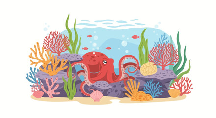 Red octopus swimming among colorful coral reef and seaweed © Hotmanparis