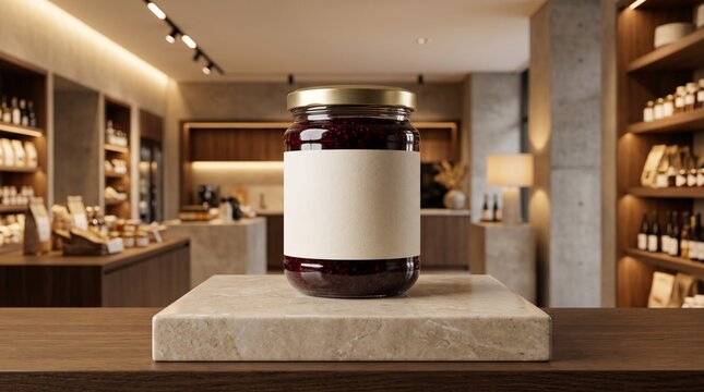 Jar of dark fruit jam with blank label displayed on stone podium, preserves