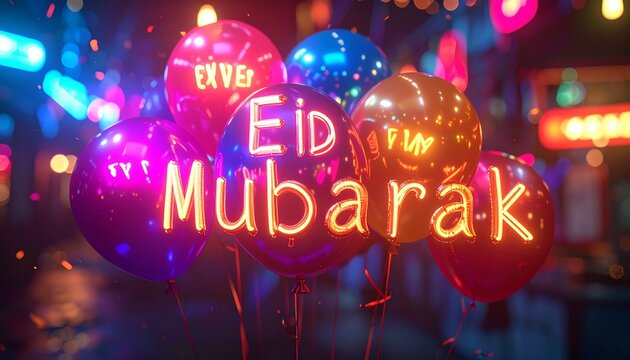 Eid Mubarak Celebration - Balloons and Festive Lights Illuminate the Night.