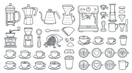 Fototapeta premium Minimalist coffee brewing equipment icons, professional barista tools and espresso machine set, black and white vector line art collection