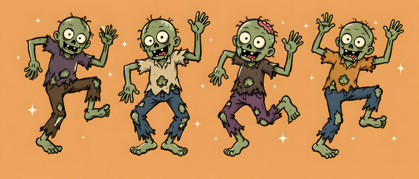 Four Funny Dancing Zombie Characters for Halloween on Orange Background