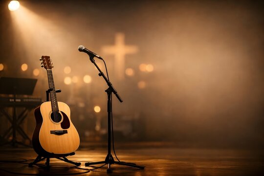 christian worship stage with cross guitar and microphone 