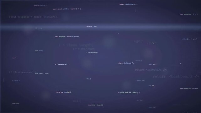Abstract digital background with floating computer code and data particles on dark blue screen
