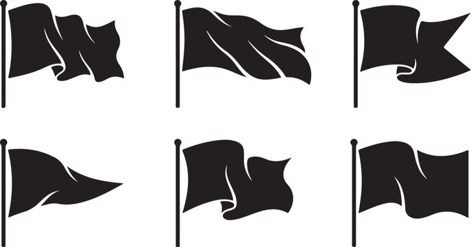 Six black waving flags on poles vector illustration set