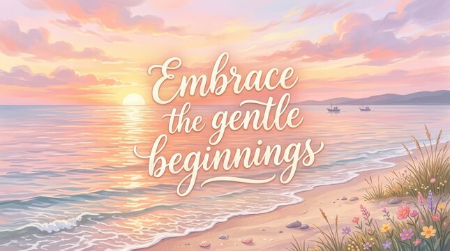 Serene beach sunrise with calming waves and inspirational text "Embrace the Gentle Beginnings"